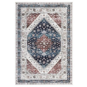 Washable Vintage Medallion Rug Non Slip Low Pile Rug Soft Retro Throw Floor Cover Foldable Indoor Carpet for Living Room Bedroom Playroom Nursery - 1 of 4