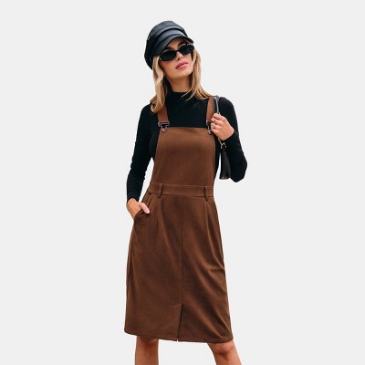 Women's Brown Corduroy Square Neck Midi Skirtalls - Cupshe