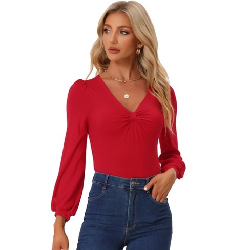 Allegra K Women's V Neck Long Lantern Sleeve Bow Ruched Front Blouse Red  X-Small