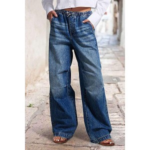 Womens Mid Rise Wide Leg Drapery Relaxed Fit Jeans Streetwear Vintage Straight Leg Pants - 1 of 4