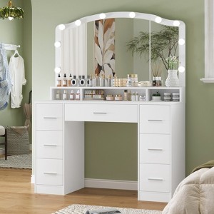 USIKEY 43.3" Vanity Desk with Large Lighted Mirror, Makeup Vanity Table with 7 Drawers & 10 Lights Bulbs, 3 Lighting Colors - 1 of 4