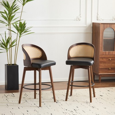 Set of 4 Modern Upholstered Kitchen Bar Stools,Rattan Back Bar Stools with Rubberwood Frame,Walnut Finish Counter Height Seating-Baofuwish