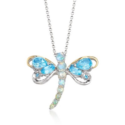 Ross-Simons Opal and 2.38 ct. t.w. Blue and White Topaz Dragonfly Pin Pendant Necklace in 2-Tone Sterling Silver