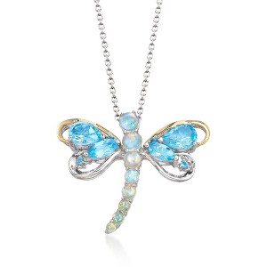 Ross-Simons Opal and 2.38 ct. t.w. Blue and White Topaz Dragonfly Pin Pendant Necklace in 2-Tone Sterling Silver - 1 of 4