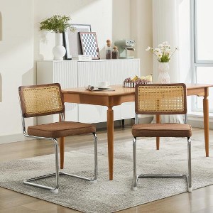 Akoasm Set of 2 Modern Upholstered Rattan Dining Chair with Natural Cane Back & Stainless Chrome Base For Dining Room & Kitchen-Brown - 1 of 4