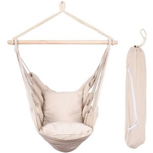 Vynxaria Hammocks Hanging Rope Hammock Chair Swing Seat with Two Seat Cushions and Carrying Bag, Natural - 1 of 4