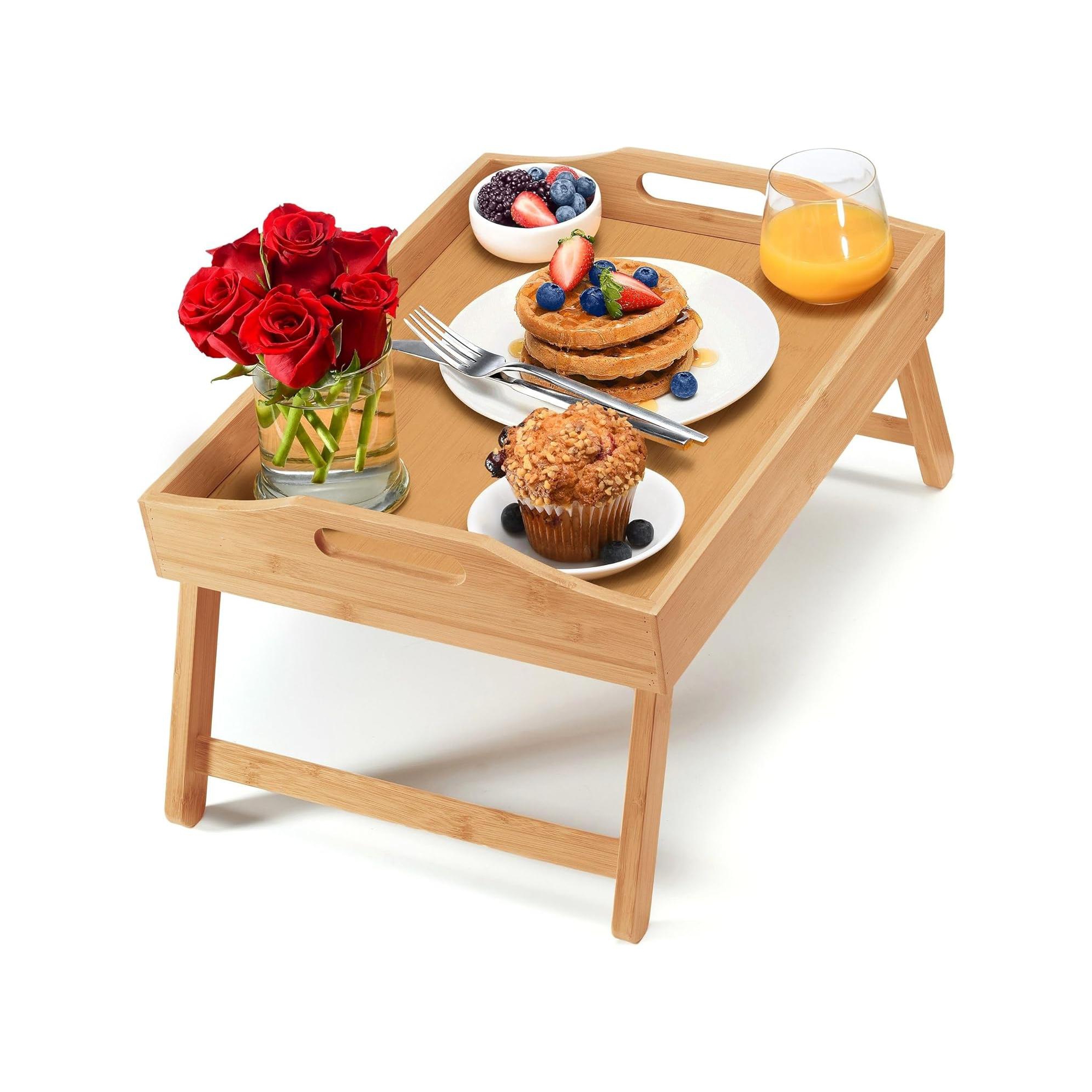 Wooden Breakfast Bed Tray with Folding Legs - Bamboo Bed Table - Bed Tray Table - Bed Tray with Legs Natural Color - Homeitusa