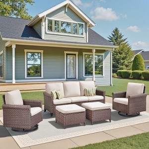 Buenhomino Patio Conversation Set 5-Pieces Wicker Outdoor Furniture Conversation Set with 3-Seat Sofa, 2 Swivel Rocker Chairs, 2 Ottomans - 1 of 4
