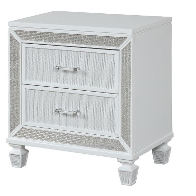 Vynxaria Modern 2-Drawer Wood Nightstand, White Finish, Crystal & Mirror Frame Accents, Metal Slides/Handles, Felt-Lined Top Drawers (Ball Bearings)