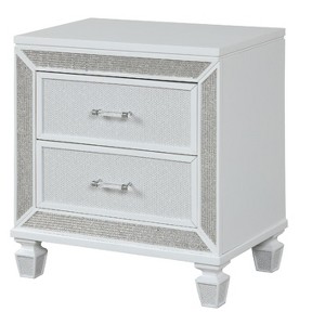 Vynxaria Modern 2-Drawer Wood Nightstand, White Finish, Crystal & Mirror Frame Accents, Metal Slides/Handles, Felt-Lined Top Drawers (Ball Bearings) - 1 of 4