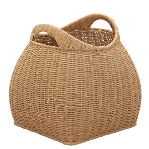 Household Essentials Basket with Handles Paper Rope: Handwoven Seagrass Storage, Round Decorative Blanket Basket, Light Brown - 1 of 4