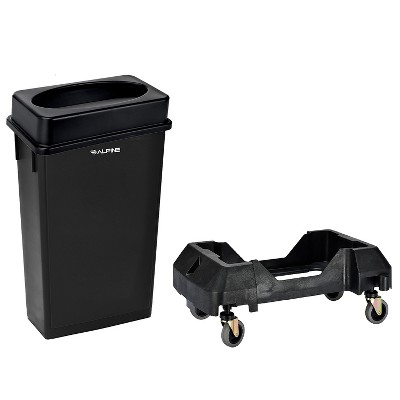 Alpine Industries Plastic Indoor Waste Basket Commercial Slim Trash Can with Lid and Dolly 23 Gallon