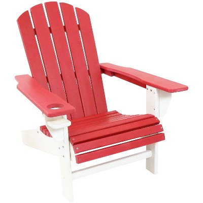 Sunnydaze Plastic All-Weather Heavy-Duty Outdoor Adirondack Chair with Drink Holder, Red and White