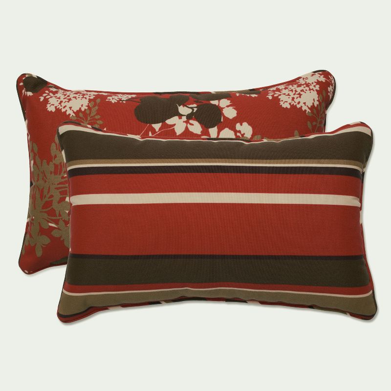 2-Piece Outdoor Reversible Lumbar Pillow Set - Brown/Red Floral/Stripe 18&#34; - Pillow Perfect, 3 of 10