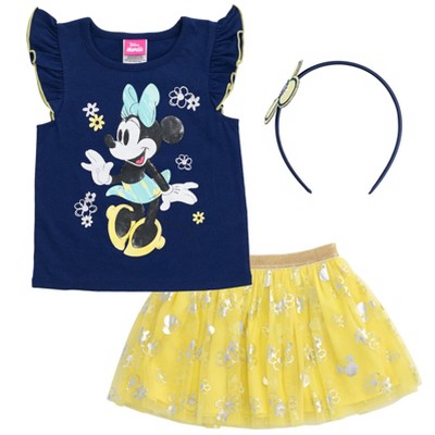 Image of Mickey Mouse & Friends Minnie Mouse Toddler Girls T-Shirt Tulle Mesh Skirt and Headband 3 Piece Outfit Set Blue / Yellow / Multicolor 3T