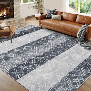 Living Room Rug Washable Modern Neutral Floor Rug with Non-Slip Backing, Large Distressed Geometric Print Accent Rugs, Stain-Resistant Low Pile - 1 of 4
