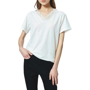 Anna-Kaci Women's V Neck Eyelash Lace Trim Top Loose Short Sleeve Blouse for Everyday Looks - 1 of 4