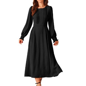 INSPIRE CHIC Women's Elegant Frilled Crewneck Midi Long Sleeve Pleated A-Line Flowy Dress with Pockets - 1 of 4