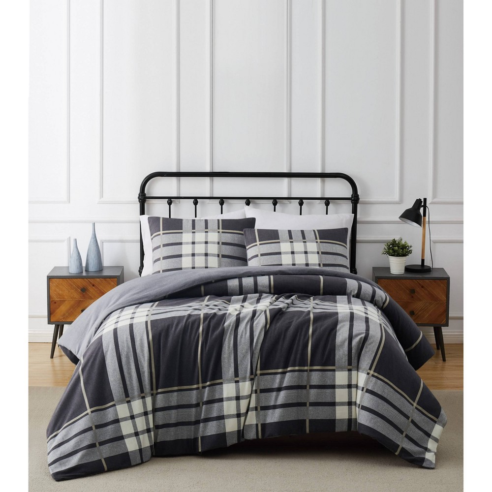 Photos - Bed Linen 3pc King Milo Plaid Flannel Duvet Cover Set Gray - Truly Soft: Cotton Mate