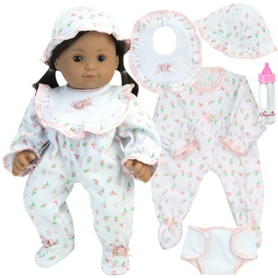 Sophia's 5-Piece Floral Print Sleeper, Bib, Hat, Diaper and Bottle Set for 15'' Baby Dolls, White/Pink