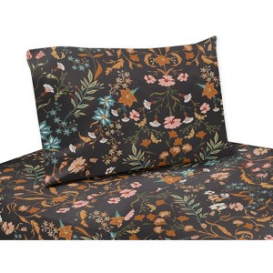 Sweet Jojo Designs Girl Kids Twin Sheet Set Boho Floral Wildflower Black Orange and Blue 3pc - 1 of 4