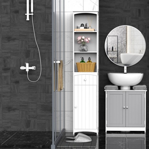 Details about   Large 67" White Linen Tower Cabinet 3 Adjustable Shelves Concealed  Bath Storage 