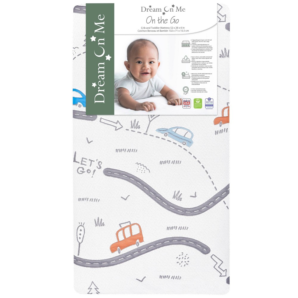 Dream On Me 150 Coil Inner Spring On The Go Crib and Toddler Mattress - White: Hypoallergenic, 2-Stage, Firm Side/Soft Side, 6" Thickness