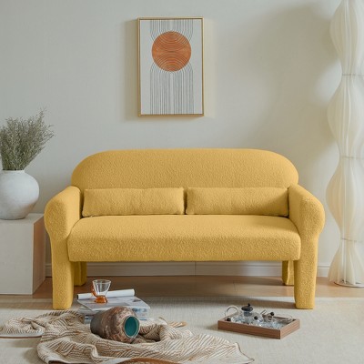 DOMETOUR Lambs Wool Loveseat for Living Room, Modern Teddy Fabric Couch Sofa With 2 Lumbar Pillows