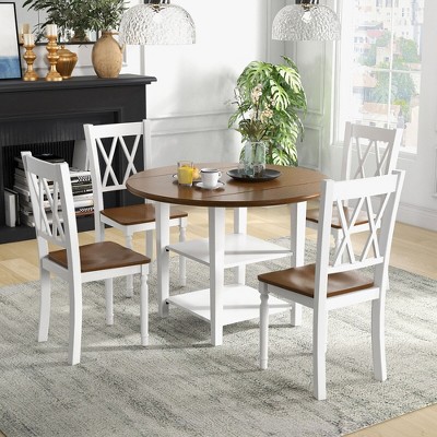 Walnut and White 5-Piece Round Dining Set with Drop Leaf Table