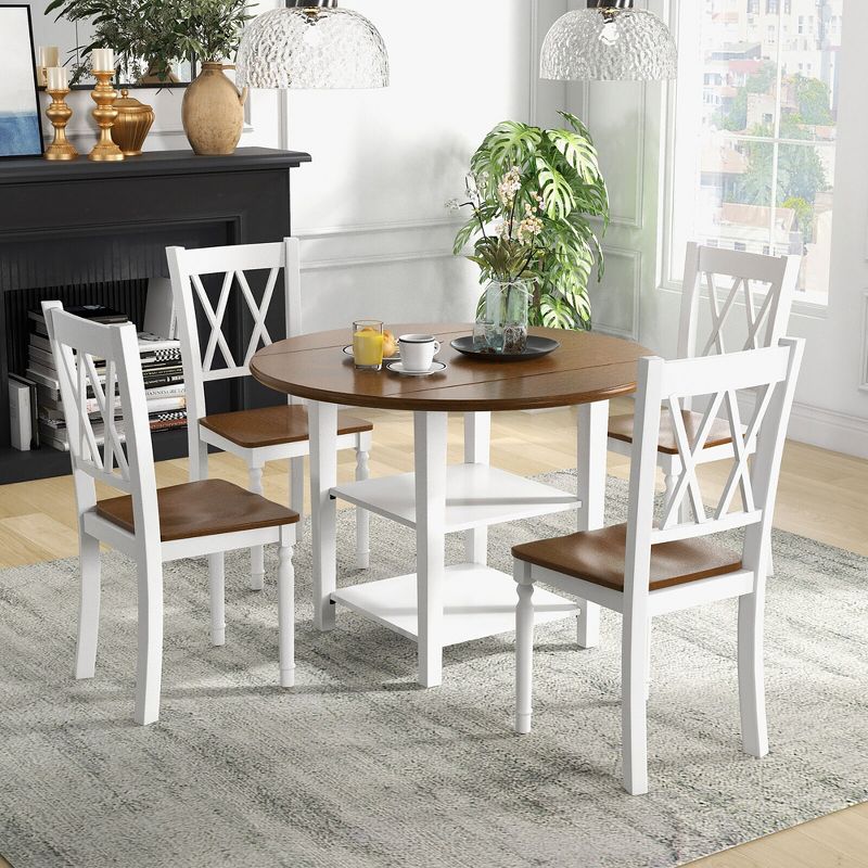 Tangkula 5 Piece Round Dining Kitchen Set w/ Drop Leaf Dining Table Folded & 4 Chairs, 3 of 11