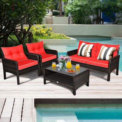 Costway 4PCS Patio Rattan Furniture Set Loveseat Sofa Coffee Table Cushioned Sofa Garden