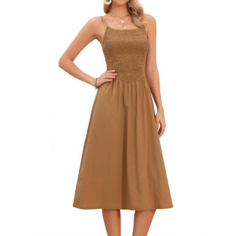 Женские платья INSPIRE CHIC Women's Spaghetti Strap Smocked A Line Swing Flowy Summer Beach Midi Dresses Medium Brown