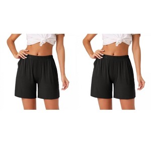 cheibear Women's 2 Pack Modal Soft Pajama Bottoms Comfy High Elastic Shorts with Pockets - 1 of 4