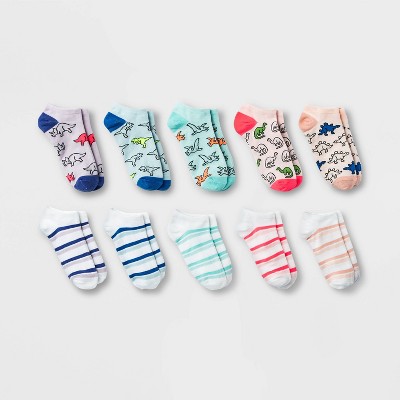Women's Dinosaurs and Stripes 10pk Low Cut Socks - Pink/Blue/Purple 4-10: Recycled Polyester Knit, Banded Cuff, Machine Washable