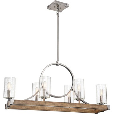 Minka Lavery Nickel Sun Faded Wood Linear Pendant Chandelier 38 3/4" Wide Farmhouse 6-Light Fixture for Kitchen Island Dining Room