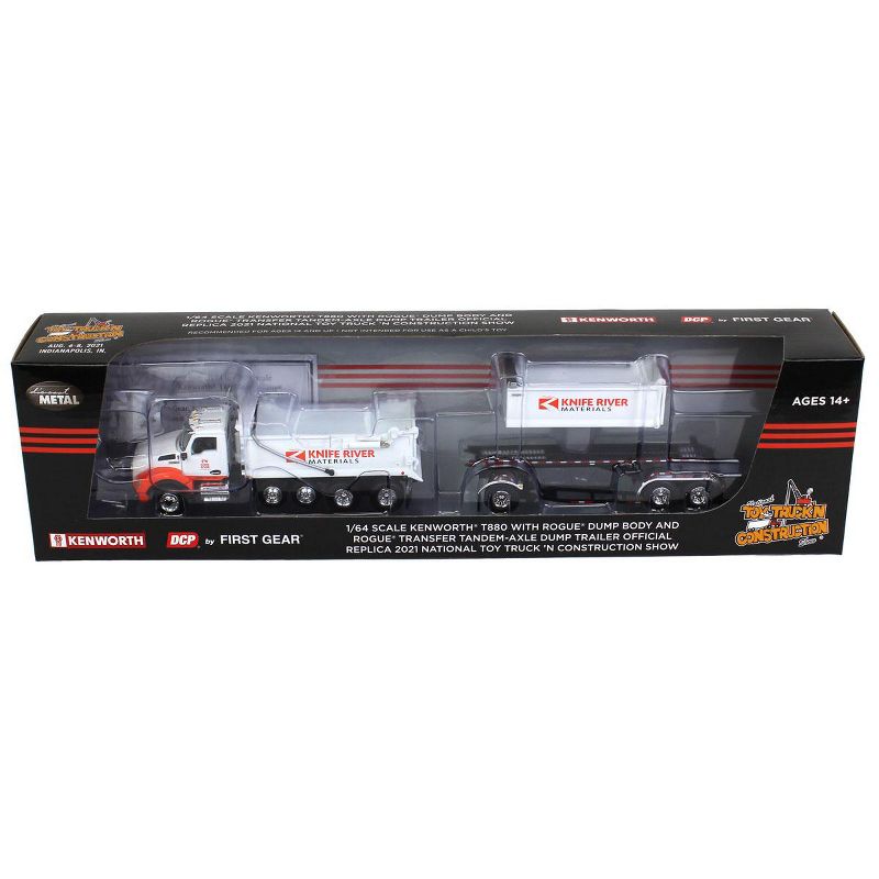 First Gear DCP 1/64 Kenworth T880 Dump w/ Dolly & Rogue Tandem Dump Trailer, Knife River, 2021 Natl Toy Truck 'N Construction 69-1068, 5 of 7