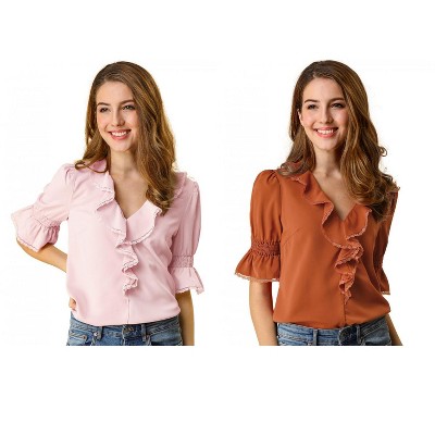 Allegra K Women's Ruffle V Neck Puff Sleeve Summer Casual Chiffon Peasant Top 2 Packs