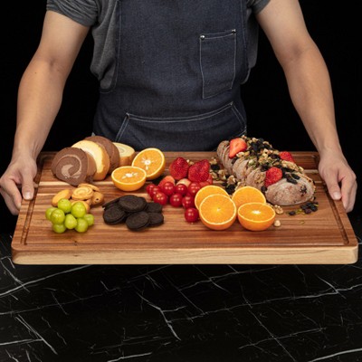 Extra Large Acacia Wood Cutting Board, Butcher Block Cutting Board with Deep Groove, Chopping Board with Side Handles for Meat, Vegetables and Fruit