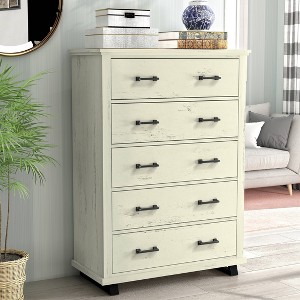38" Wide Chest of 5 Drawers with Stylish Metal Wood Grain Handles Saw Cut Off White - Festivo: Modern Farmhouse MDF Storage Organizer - 1 of 4