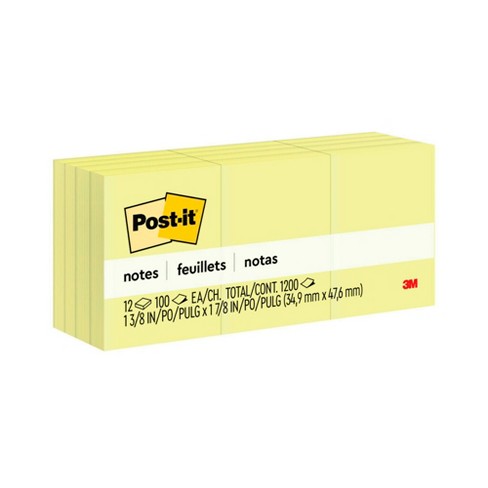 3M Post-it Original Plain Notes, 1-1/2 x 2 Inches, Canary Yellow, Pack of 12