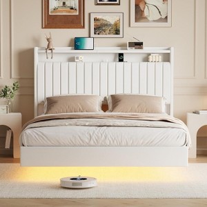 Queen Floating Bed Frame with LED Lights & Charging Station, 50" Tall Headboard Bed,  Upholstered PU Leather Platform Bed Frame - 1 of 4