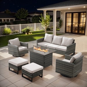 Buenhomino 6 Peices Outdoor Patio Furniture Set with 41" Fire Pit Table, Wicker Swivel Rocking Chairs Conversation Sets for Yard Garden Porch - 1 of 4