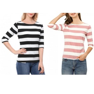 Allegra K Women's Casual Basic Elbow Sleeves Boat Neck Slim Fit T-Shirts 2 Packs - 1 of 4