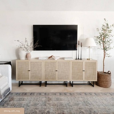Light Oak and Matte Black Freestanding Cabinet with Adjustable Shelving