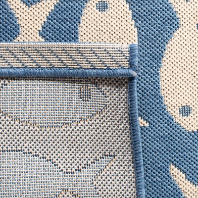 Blue and Beige Square Fish Pattern Indoor/Outdoor Rug
