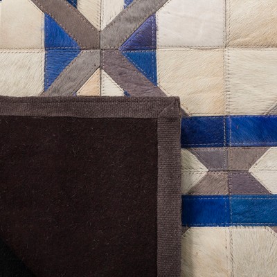 Ivory and Blue Geometric Cowhide Leather Area Rug 5' x 8'