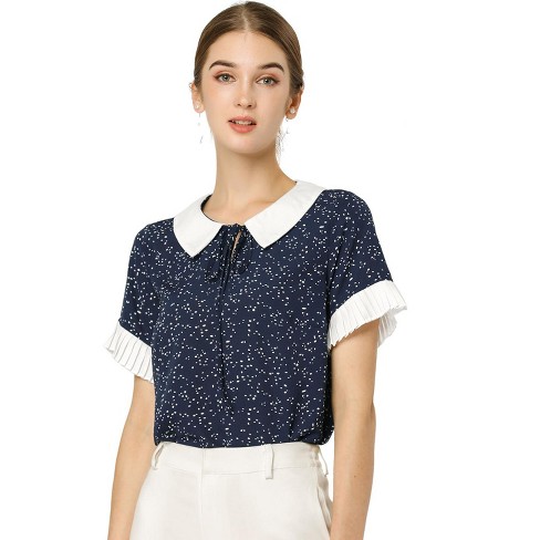 Allegra K Women's Polka Dots Flat Collar Contrast Tie Neck Short Sleeve  Blouses Dark Blue X-Small