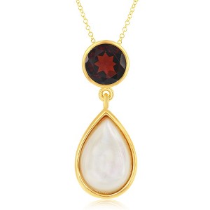 Simona Sterling Silver Garnet with Mother of Pearl Pendant w/Chain -  Gold Plated - White - 16+2 Inch - 1 of 2