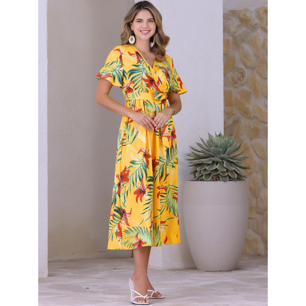 Женские платья INSPIRE CHIC Women's Floral V Neck Split Hem Short Sleeve Maxi Tropical Dress Yellow Large — фото 3