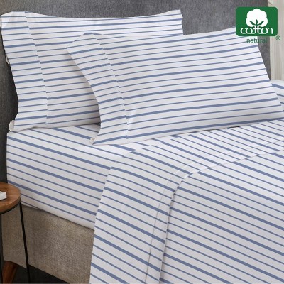 Full Size Blue Stripe Organic Cotton Percale Sheet Set